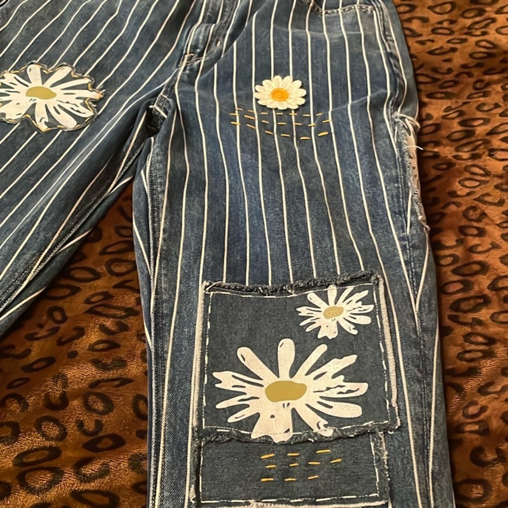 American Eagle Blue stripe denim jeans. With patchwork and embroidery